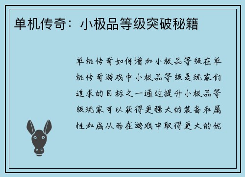 单机传奇：小极品等级突破秘籍